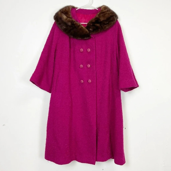 VTG Rencroft Coat Womens XL Pink with Brown Fur Collar Bracelet 3/4 Sleeve - Picture 1 of 11